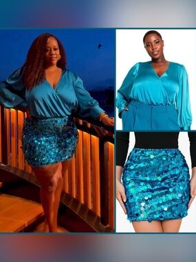 Sergio Hudson x Target Teal Cross Over Satin Bodysuit & Sequin Skirt Set
